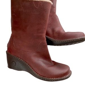 Ugg NWOT size 10, leather and sheepskin distressed burgundy boots and wedge heel